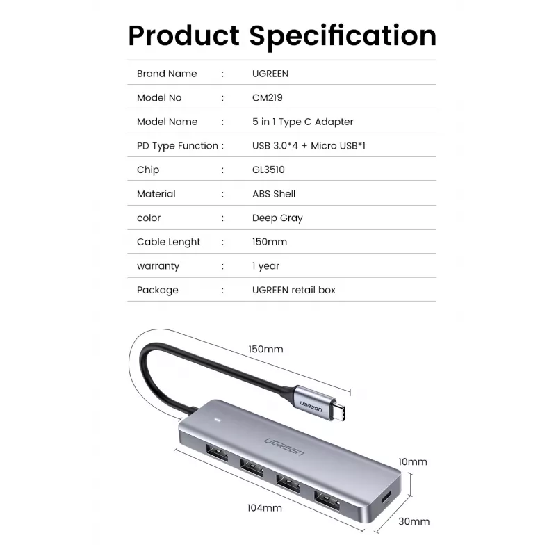 UGREEN 70336 (CM219) USB-C į 4x USB 3.0 skirstytuvas, 5 Gbps, OTG, USB-C maitinimo jungtis, 15 cm laidas, pilkas