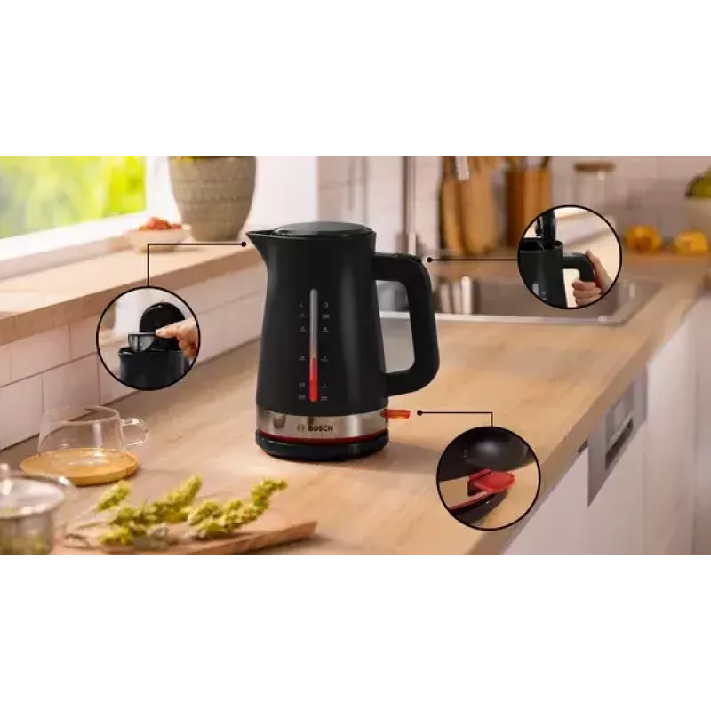 Elektrinis virdulys Bosch TWK4M223 1,7 L 2400 W, juodas, belaidis, paslėptas kaitinimo elementas