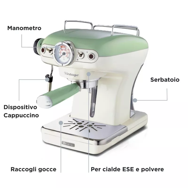 Ariete 1389 Vintage Espresso kavos aparatas - Espresso kavos aparatas maltai kavai arba ESE kapsulėms, pastelinės žalios spalvos