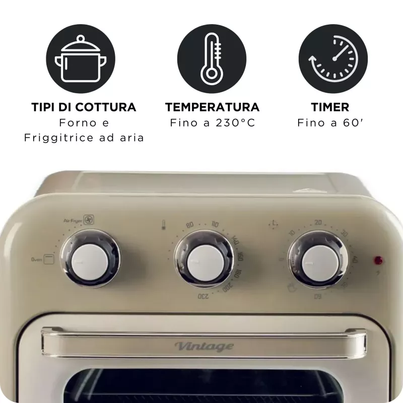 Ariete 4632 Oro gruzdintuvė ir orkaitė Vintage, 1400W, 2in1, Talpa 16L, Priedai, Laikmatis 60 min., Dvigubas stiklas, Smėlio spalva