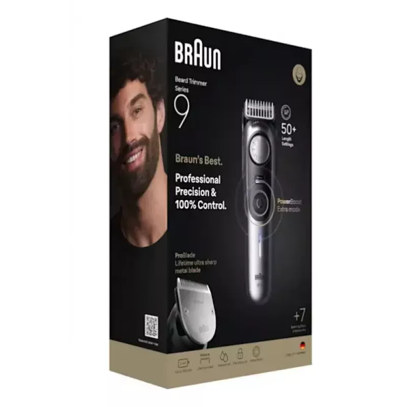 Braun BeardTrimmer 9 BT9520 barzdos ir plaukų kirpimo mašinėlė, baterija, 0,5–20 mm, šlapiam ir sausam naudojimui, juoda/pilka
