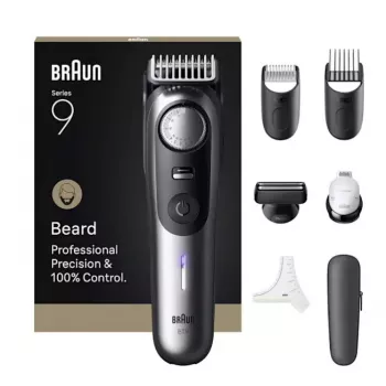 Braun BeardTrimmer 9 BT9520 barzdos ir plaukų kirpimo mašinėlė, baterija, 0,5–20 mm, šlapiam ir sausam naudojimui, juoda/pilka