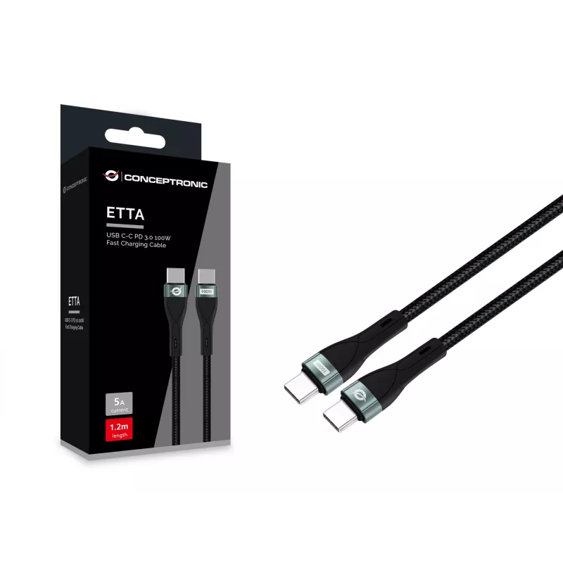 Laidas Conceptronic ETTA01B12 USB C-C PD 3.0 100W greitas įkrovimas 1,2 m, 20V 5A, 480Mbps, E-Mark