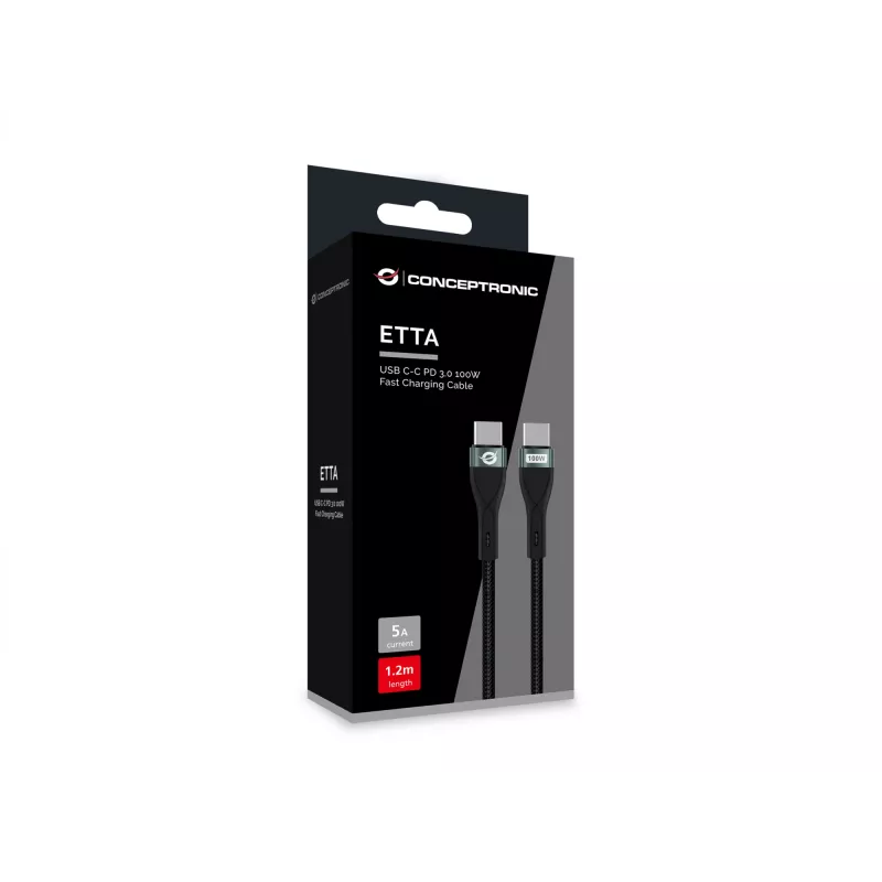 Laidas Conceptronic ETTA01B12 USB C-C PD 3.0 100W greitas įkrovimas 1,2 m, 20V 5A, 480Mbps, E-Mark