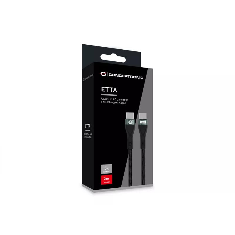 Conceptronic ETTA01B20 USB C-C PD 3.0 greito įkrovimo laidas 100W 2m, 20V 5A, 480Mbps, E-Mark