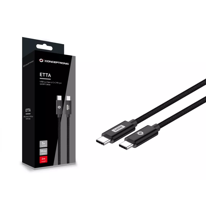 Conceptronic ETTA03B12 USB C-C PD 3.1 240W greito įkrovimo laidas 1,2 m, 48V 5A, 480Mbps, E-Mark