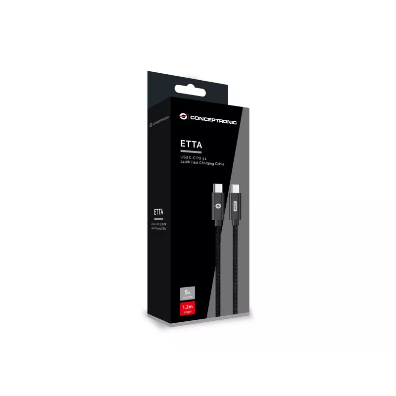 Conceptronic ETTA03B12 USB C-C PD 3.1 240W greito įkrovimo laidas 1,2 m, 48V 5A, 480Mbps, E-Mark