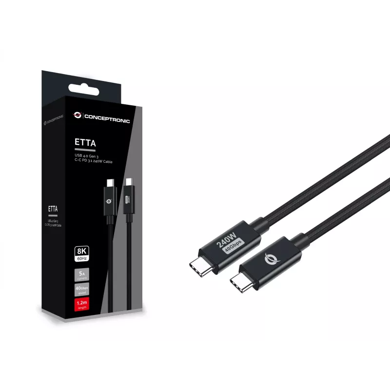 Conceptronic ETTA04B12 USB 4.0 Gen 3 C-C PD 3.1 240W laidas 1,2 m, 48V 5A, 40Gbps, E-Mark