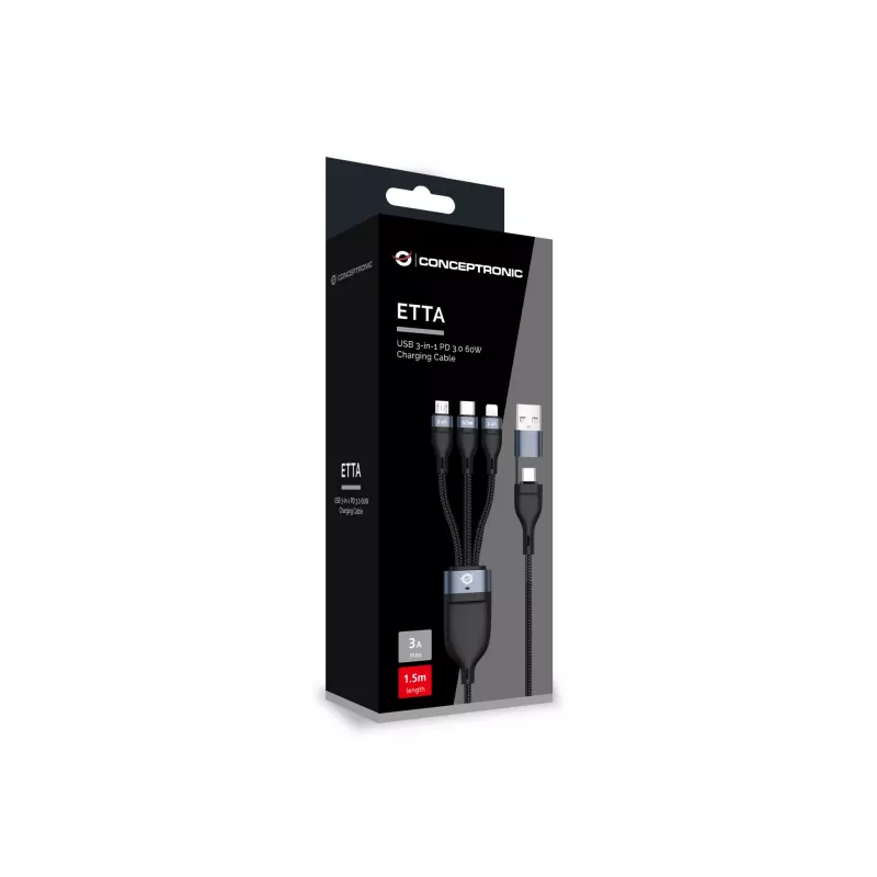 Conceptronic ETTA05B15 USB 3-in-1 PD 3.0 60W įkrovimo laidas 1,5 m, 20V 3A, 480 Mbps