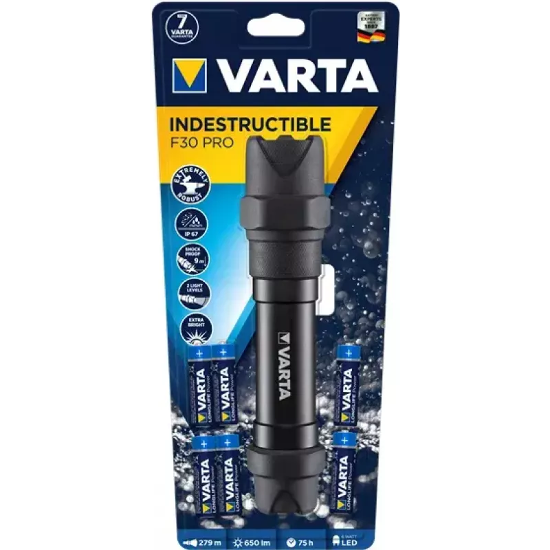 Varta Indestructible F30 Pro 18714101421 LED rankinis žibintas, 6 W, 650 lm, aliuminis, juodas
