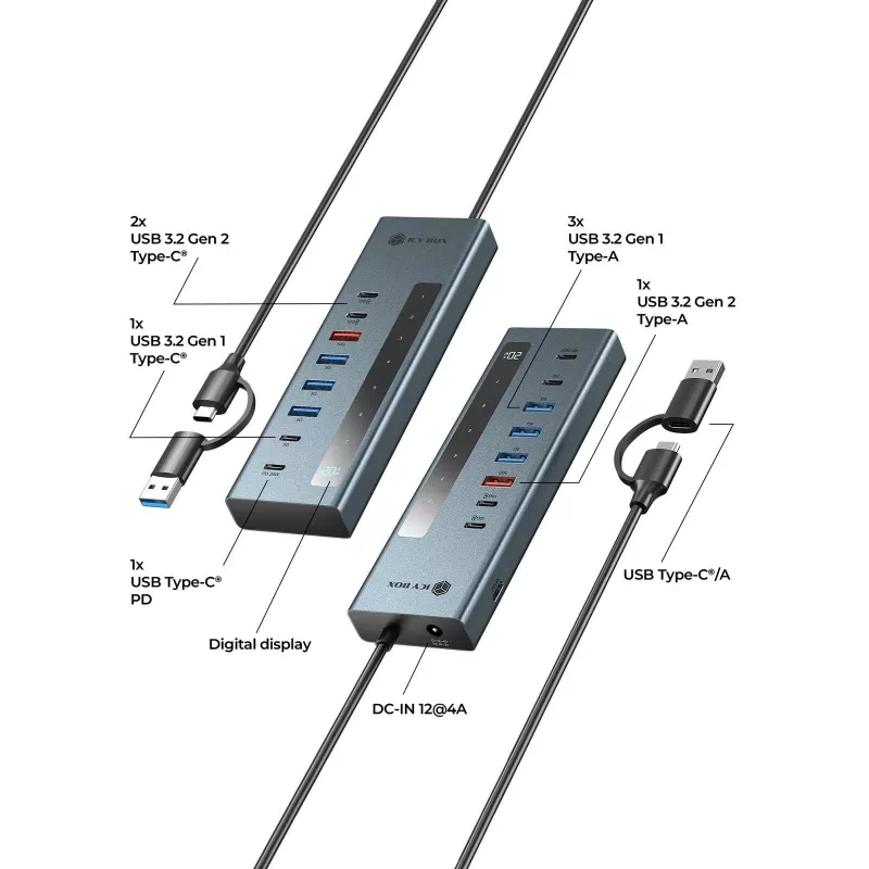RAIDSONIC ICY BOX 9-in-1 USB C/A centrinis įrenginys su Power Delivery, aliuminis, mėlynas