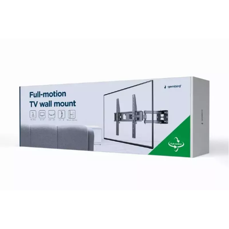Gembird WM-55ST-03 sieninis TV laikiklis 32–55 col., VESA iki 400x400, pakreipimas -18°/5°, pasukimas ±90°, max apkrova 35 kg, juodas