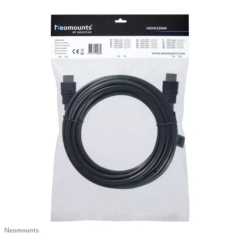 Neomounts HDMI15MM HDMI laidas - 5 metrai, 5 m, HDMI A tipo (standartinis), HDMI A tipo (standartinis), 10.2 Gbit/s, Juoda