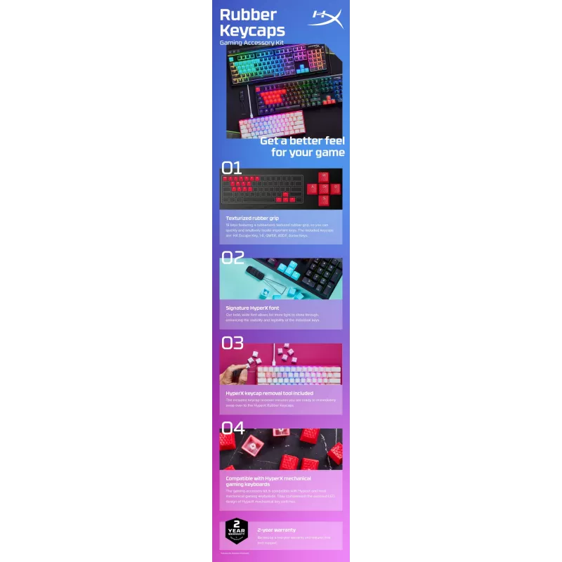 HyperX Rubber Keycaps Gaming Accessory Kit rausvos spalvos US išdėstymas, skirtas HyperX ir Cherry MX tipo jungikliams