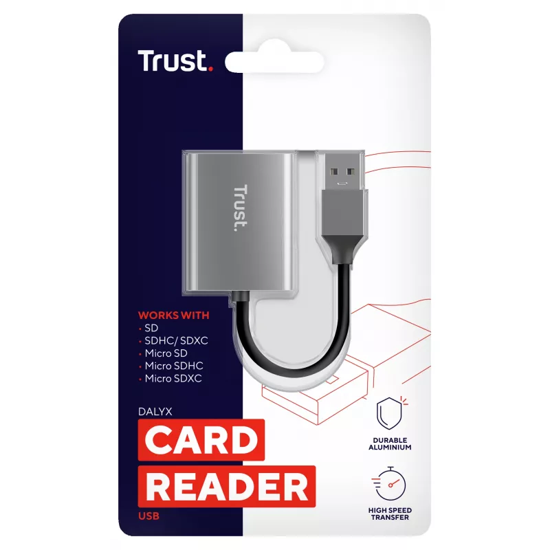Trust Dalyx SD ir microSD kortelių skaitytuvas USB 3.2 Gen 1, aliuminis