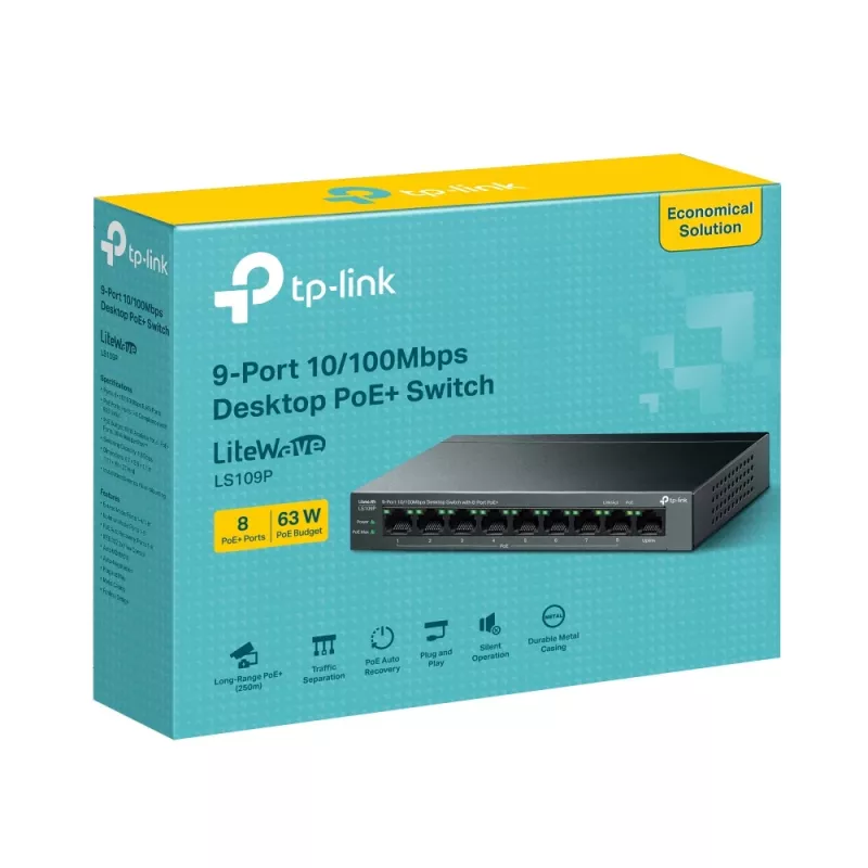 TP-Link LiteWave LS109P tinklo jungiklis nevaldomas Fast Ethernet (10/100) Power over Ethernet (PoE) juodas