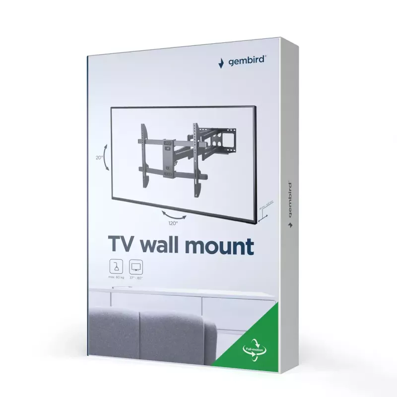 Sieninis TV laikiklis Gembird WM-80ST-02 – fiksuotas/pakreipiamas, 37–80 colių, VESA iki 600x400, 60 kg, juodas