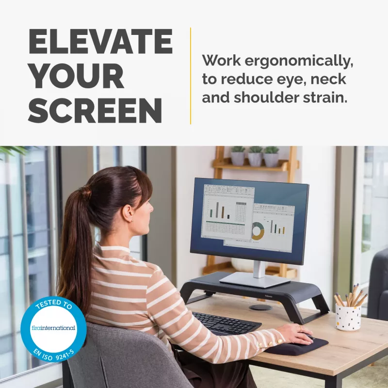 Fellowes Hana LT monitorio stovas su 3 aukščio reguliavimais – ergonomiškas reguliuojamas stovas kompiuterių monitoriams – maksimalus svoris 22,6 kg – juodas