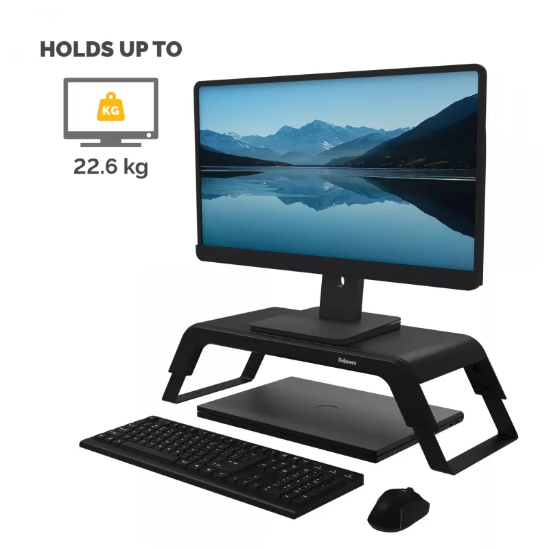 Fellowes Hana LT monitorio stovas su 3 aukščio reguliavimais – ergonomiškas reguliuojamas stovas kompiuterių monitoriams – maksimalus svoris 22,6 kg – juodas