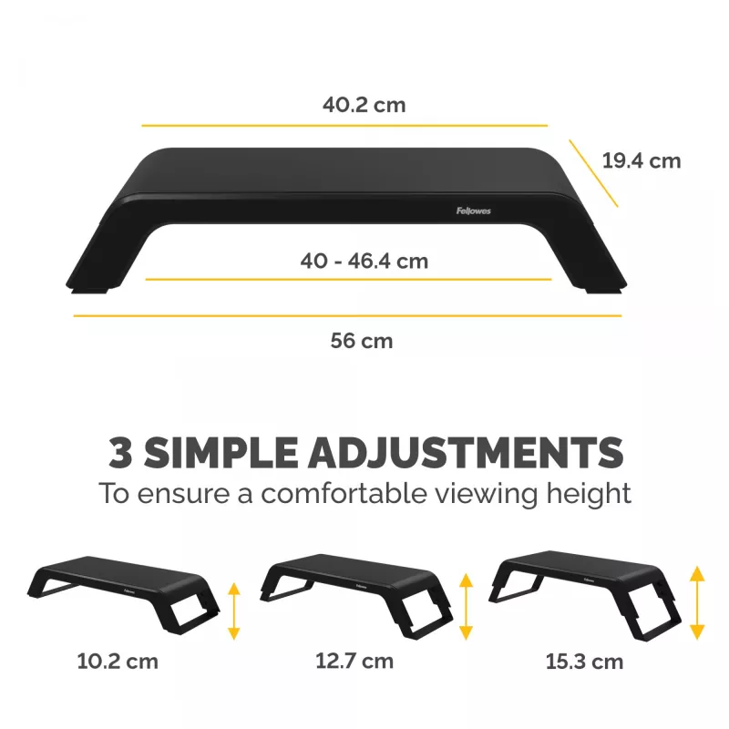 Fellowes Hana LT monitorio stovas su 3 aukščio reguliavimais – ergonomiškas reguliuojamas stovas kompiuterių monitoriams – maksimalus svoris 22,6 kg – juodas