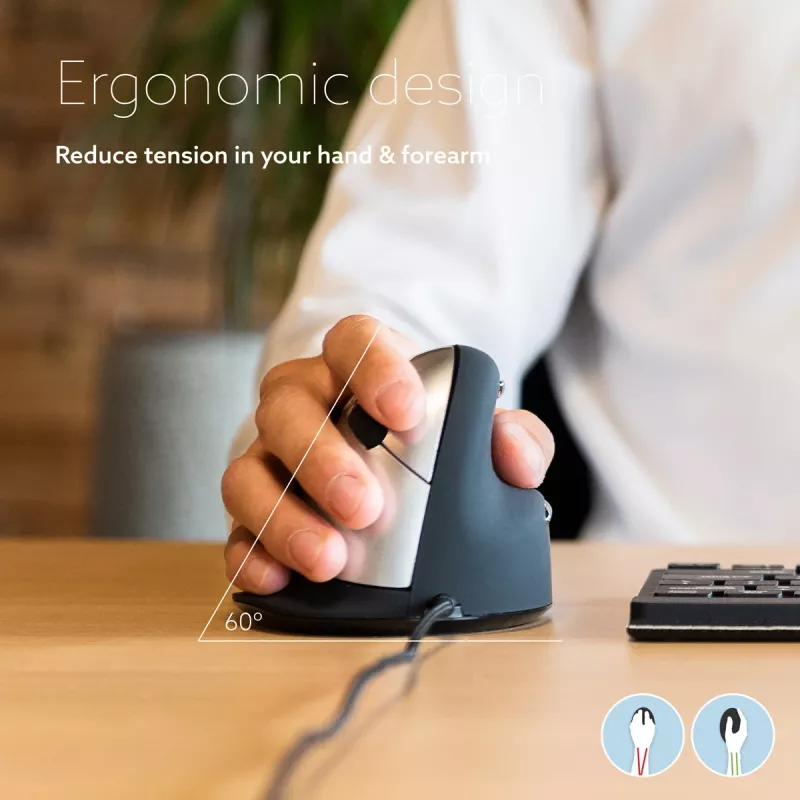 R-Go HE Break ergonominė vertikali pelė su pertraukų programine įranga, vidutinė (rankos dydis 165–185 mm), dešinei rankai, laidinė, juoda