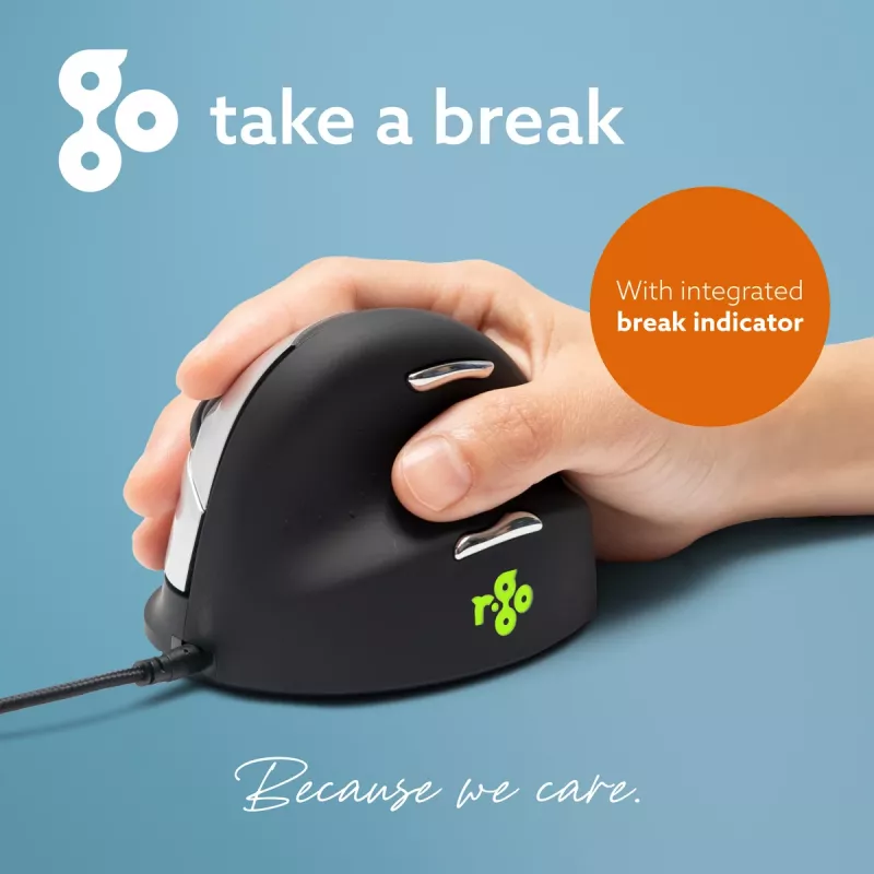 R-Go HE Break ergonominė vertikali pelė su pertraukų programine įranga, vidutinė (rankos dydis 165–185 mm), dešinei rankai, laidinė, juoda