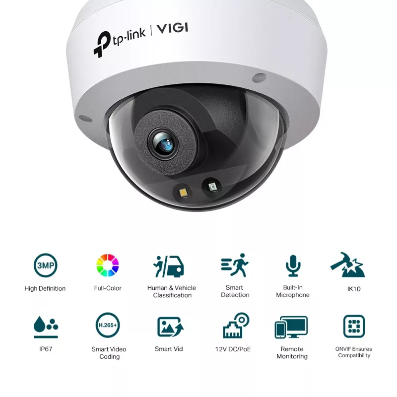 TP-Link VIGI C230 kupolinė IP kamera, vidaus ir lauko, 2304 x 1296, lubiniam montavimui
