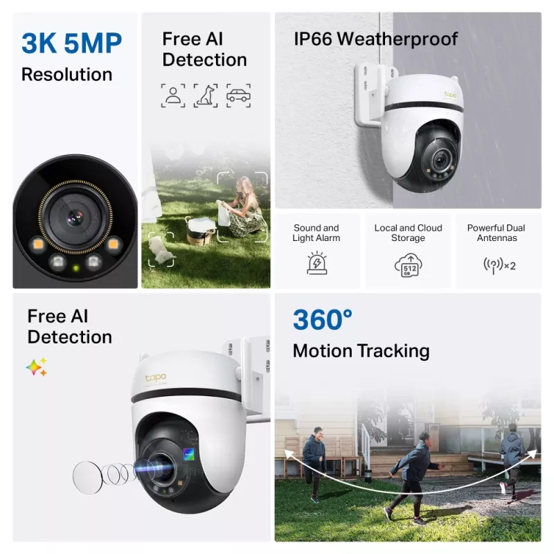 TP-Link lauko PTZ apsaugos „Wi-Fi“ kamera 3K 5MP (2880x1620), 2,4 GHz, 2 išorinės antenos, 1 Ethernet prievadas, horizontalus 360°