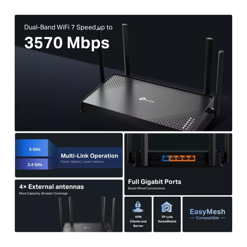 TP-Link Archer BE220 belaidis maršrutizatorius Gigabit Ethernet dviejų juostų (2,4 GHz / 5 GHz) juodas