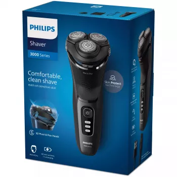 Elektrinis rotacinis skustuvas Philips 3000 Series S3244/12 – 3 galvutės, šlapias ir sausas skutimas, Li‑Ion, 60 min. veikimo laikas, iškylantis trimeris, plaunamas, juodas