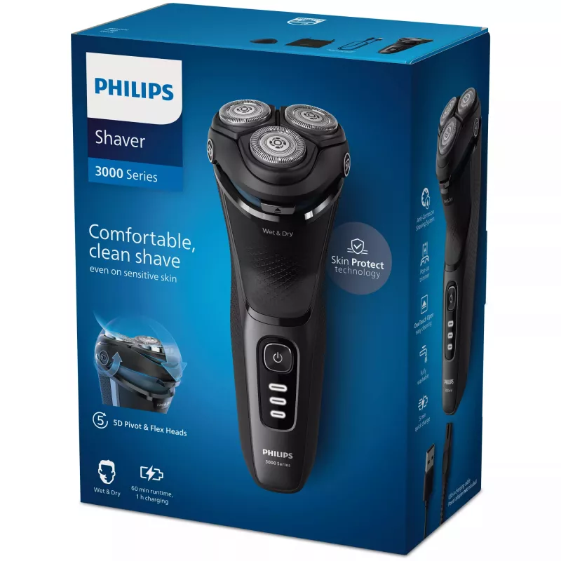 Elektrinis rotacinis skustuvas Philips 3000 Series S3244/12 – 3 galvutės, šlapias ir sausas skutimas, Li‑Ion, 60 min. veikimo laikas, iškylantis trimeris, plaunamas, juodas