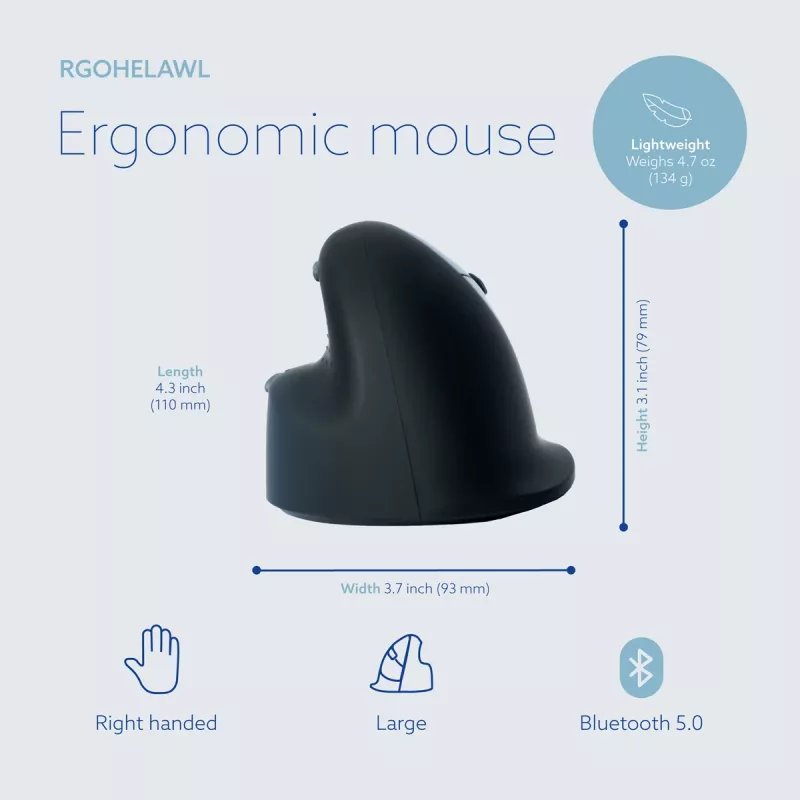 R-Go Tools ergonominė pelė R-Go HE Break su pertraukų programine įranga, didelė (rankos dydis ≥ 185 mm), dešinei rankai, Bluetooth, juoda
