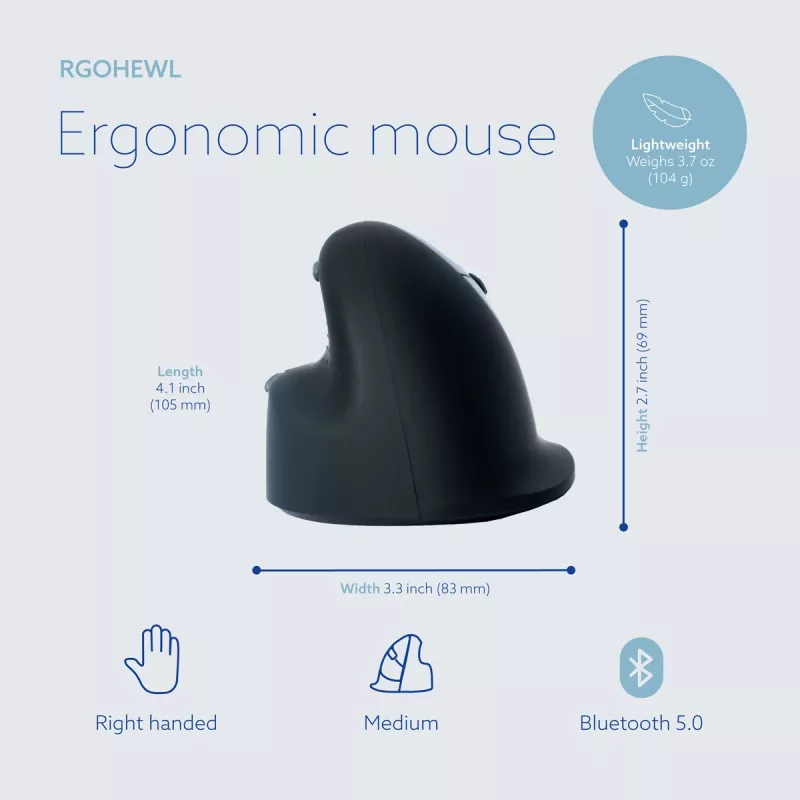 R-Go HE Break ergonominė vertikali pelė su pertraukų programine įranga, vidutinė (rankos dydis 165-185 mm), dešinei rankai, Bluetooth, juoda