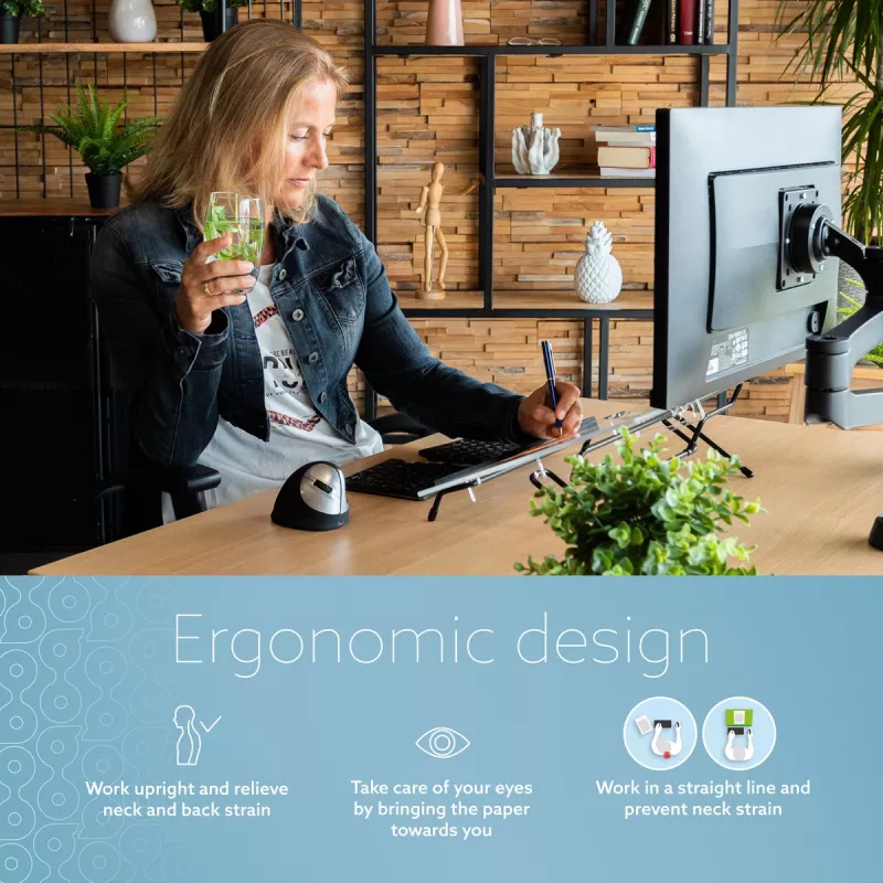 R-Go Tools dokumentų laikiklis R-Go Flex Read, ergonomiškas, su minkštu putplasčio riešo atramu, permatomas akrilinis