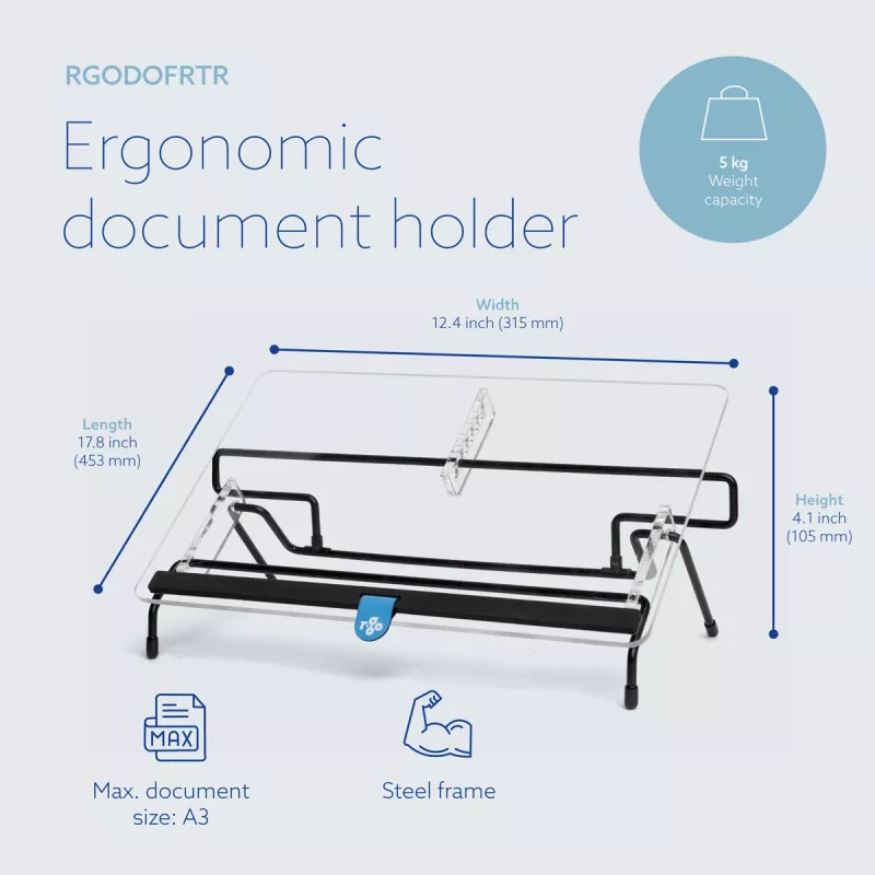 R-Go Tools dokumentų laikiklis R-Go Flex Read, ergonomiškas, su minkštu putplasčio riešo atramu, permatomas akrilinis