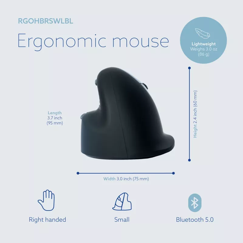 R-Go HE Break juoda belaidė Bluetooth vertikali pelė dešiniarankiams, S dydžio