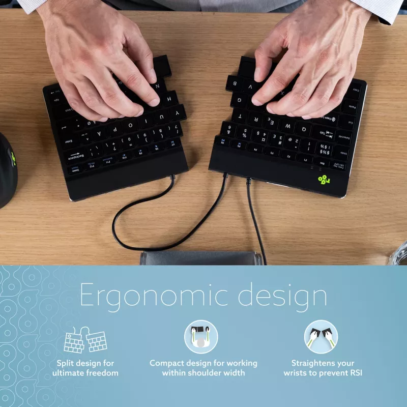 Ergonominė klaviatūra R-Go Split Break v2 su pertraukų programine įranga, išskirstyta ergonominė klaviatūra, QWERTY (JK), laidinė, juoda