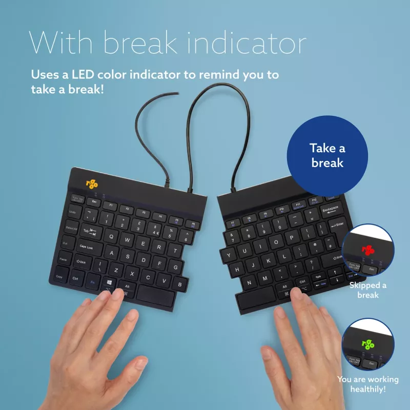 Ergonominė klaviatūra R-Go Split Break v2 su pertraukų programine įranga, išskirstyta ergonominė klaviatūra, QWERTY (JK), laidinė, juoda