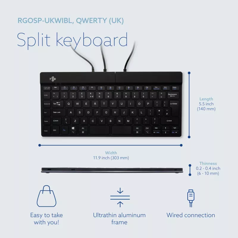 Ergonominė klaviatūra R-Go Split Break v2 su pertraukų programine įranga, išskirstyta ergonominė klaviatūra, QWERTY (JK), laidinė, juoda