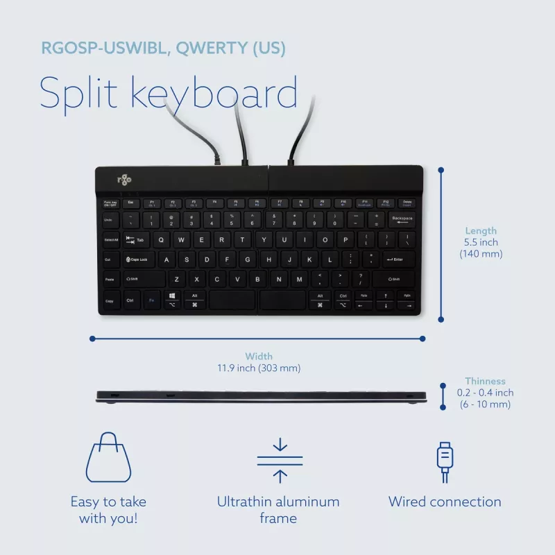 Ergonominė klaviatūra R-Go Tools Split Break v2 su pertraukų programine įranga, išskirta ergonominė klaviatūra, QWERTY (US), laidas, juoda