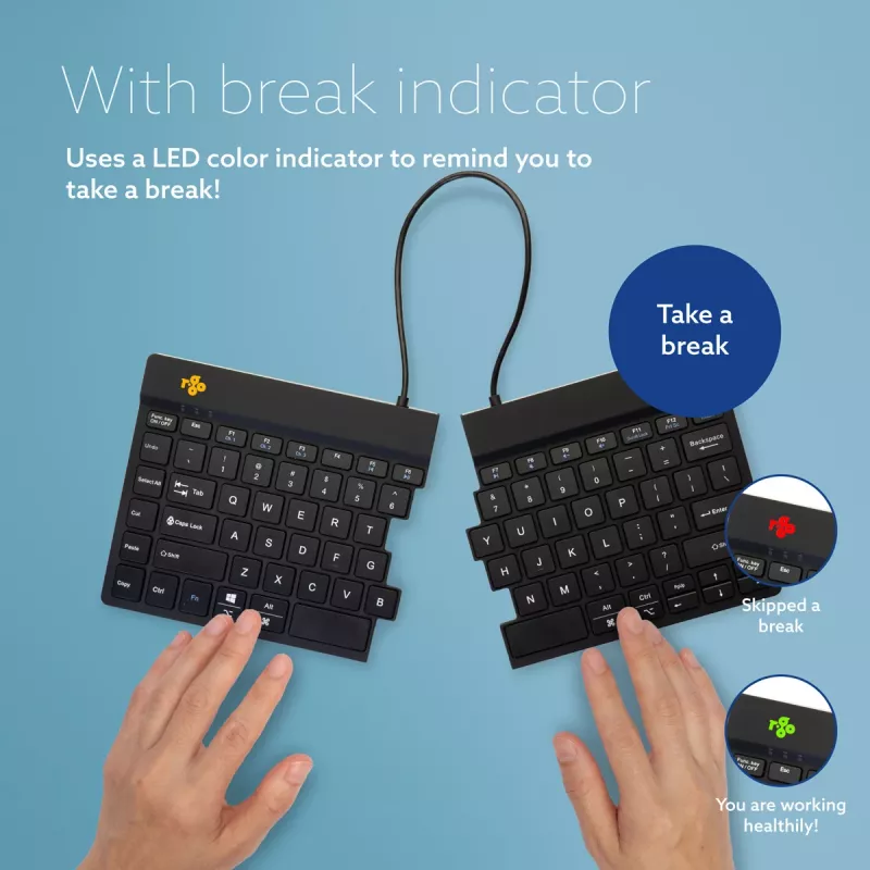 Ergonominė klaviatūra R-Go Tools Split Break su pertraukų programine įranga, išskirta klaviatūra, QWERTY (US), Bluetooth, juoda