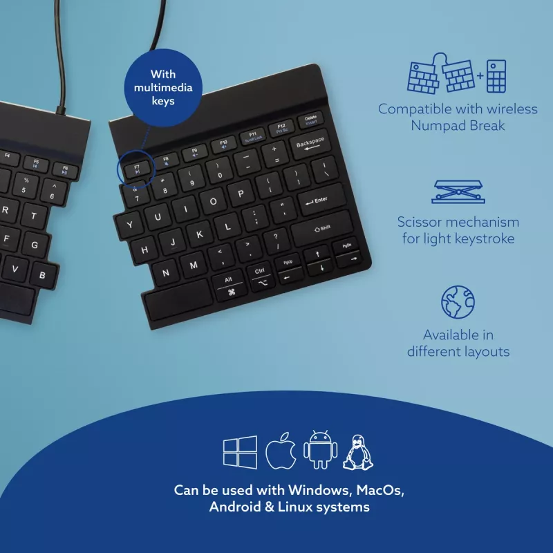 Ergonominė klaviatūra R-Go Tools Split Break su pertraukų programine įranga, išskirta klaviatūra, QWERTY (US), Bluetooth, juoda