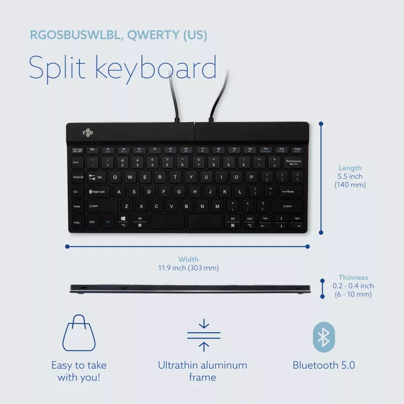 Ergonominė klaviatūra R-Go Tools Split Break su pertraukų programine įranga, išskirta klaviatūra, QWERTY (US), Bluetooth, juoda