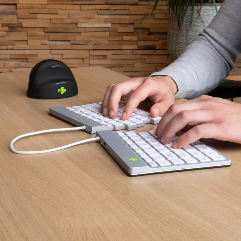 R-Go Tools ergonominė klaviatūra R-Go Split Break su pertraukų programine įranga, ergonominė išskleidžiama klaviatūra, QWERTY (US), Bluetooth, balta