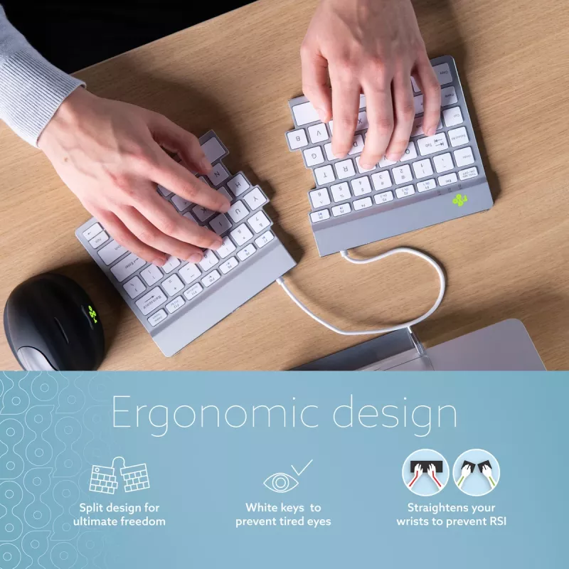 R-Go Tools ergonominė klaviatūra R-Go Split Break su pertraukų programine įranga, ergonominė išskleidžiama klaviatūra, QWERTY (US), Bluetooth, balta