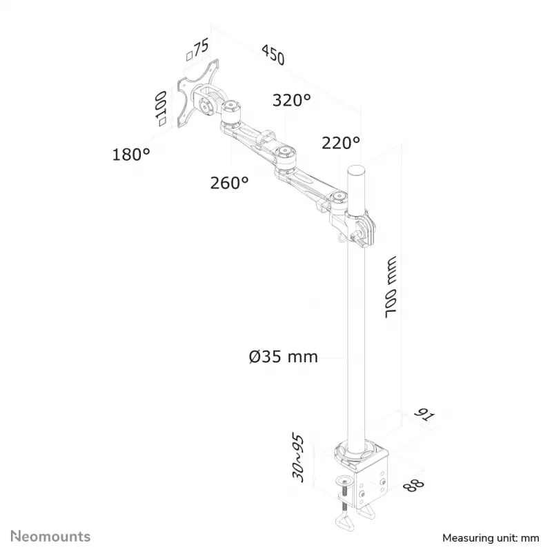 Neomounts FPMA-D935POLE70 Monitorinis laikiklis 10-30 colių, spaustuvas, 10 kg, 25,4 cm (10 colių), 76,2 cm (30 colių), 100 x 100 mm, sidabrinis