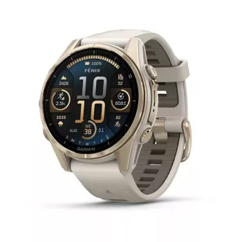 Išmanusis laikrodis GARMIN fenix 8 Gold — 43 mm, AMOLED 1,3 colio, Safyras, 10 ATM, GPS/GLONASS/BeiDou/Galileo, 32 GB, 10 dienų baterija