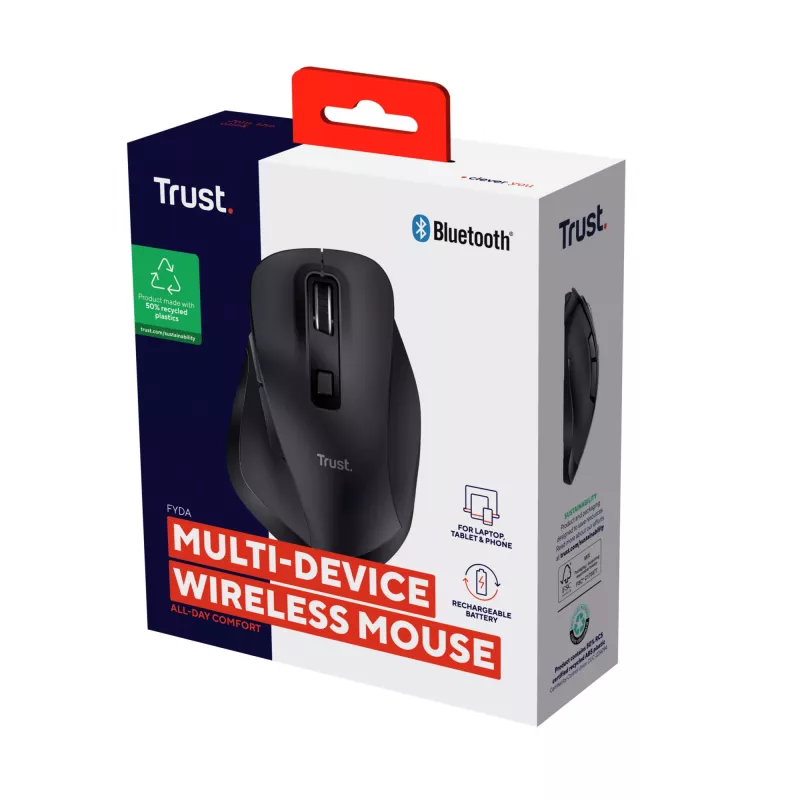 TRUST Fyda Office dešinės rankos belaidė pelė – RF + Bluetooth, optinė 2400 DPI, 6 mygtukai, juoda