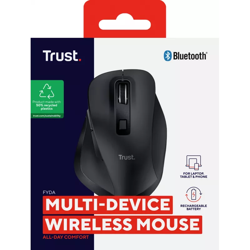 TRUST Fyda Office dešinės rankos belaidė pelė – RF + Bluetooth, optinė 2400 DPI, 6 mygtukai, juoda