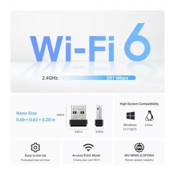 Belaidis USB adapteris TP‑Link Archer TX1U Nano Wi‑Fi 6 (IEEE 802.11ax) Dual‑Band 2,4/5 GHz, 287 Mbit/s, Bluetooth, USB 2.0, Juodas
